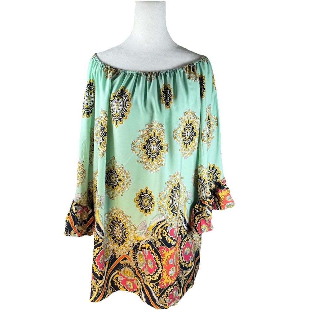 Emma Rose Boho Dress Mint Green Ruffle Sleeve Regency Heritage Mixed Print‎ Sz L